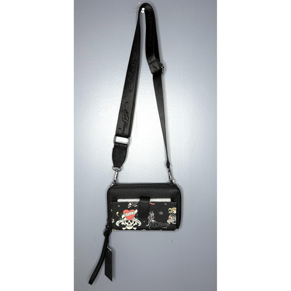 Ed Hardy Wallet Phone Bag Black Skull Tattoo Zip Around Crossbody Vegan Leather